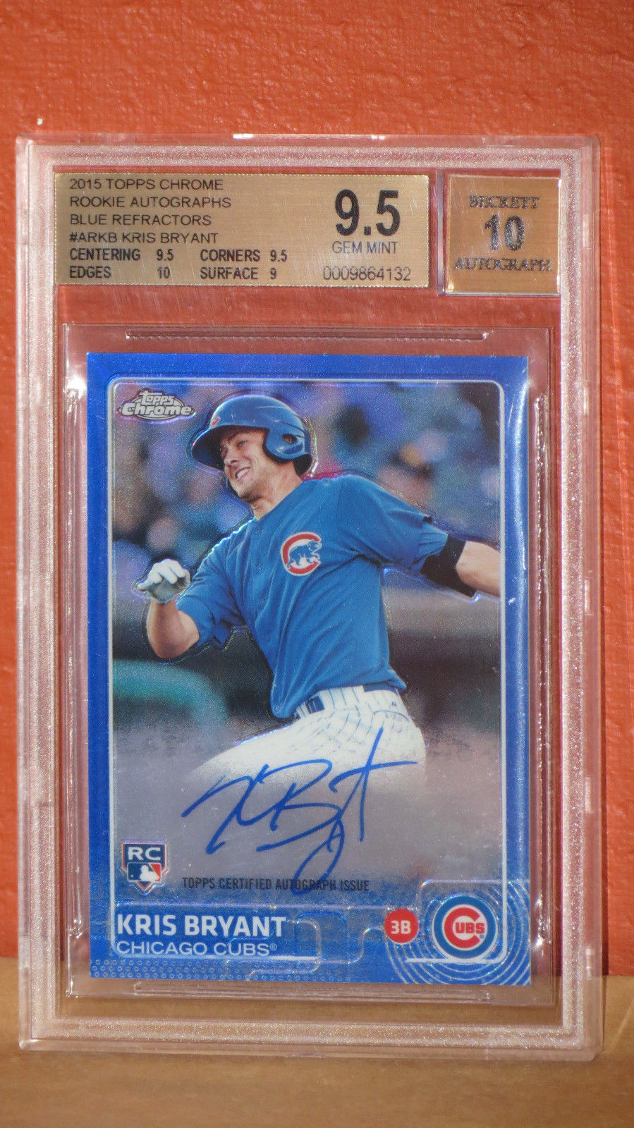 2015 Topps Chrome Rookie Autographs Blue Refrac Kris Bryant Card BGS 9.5 Auto 10