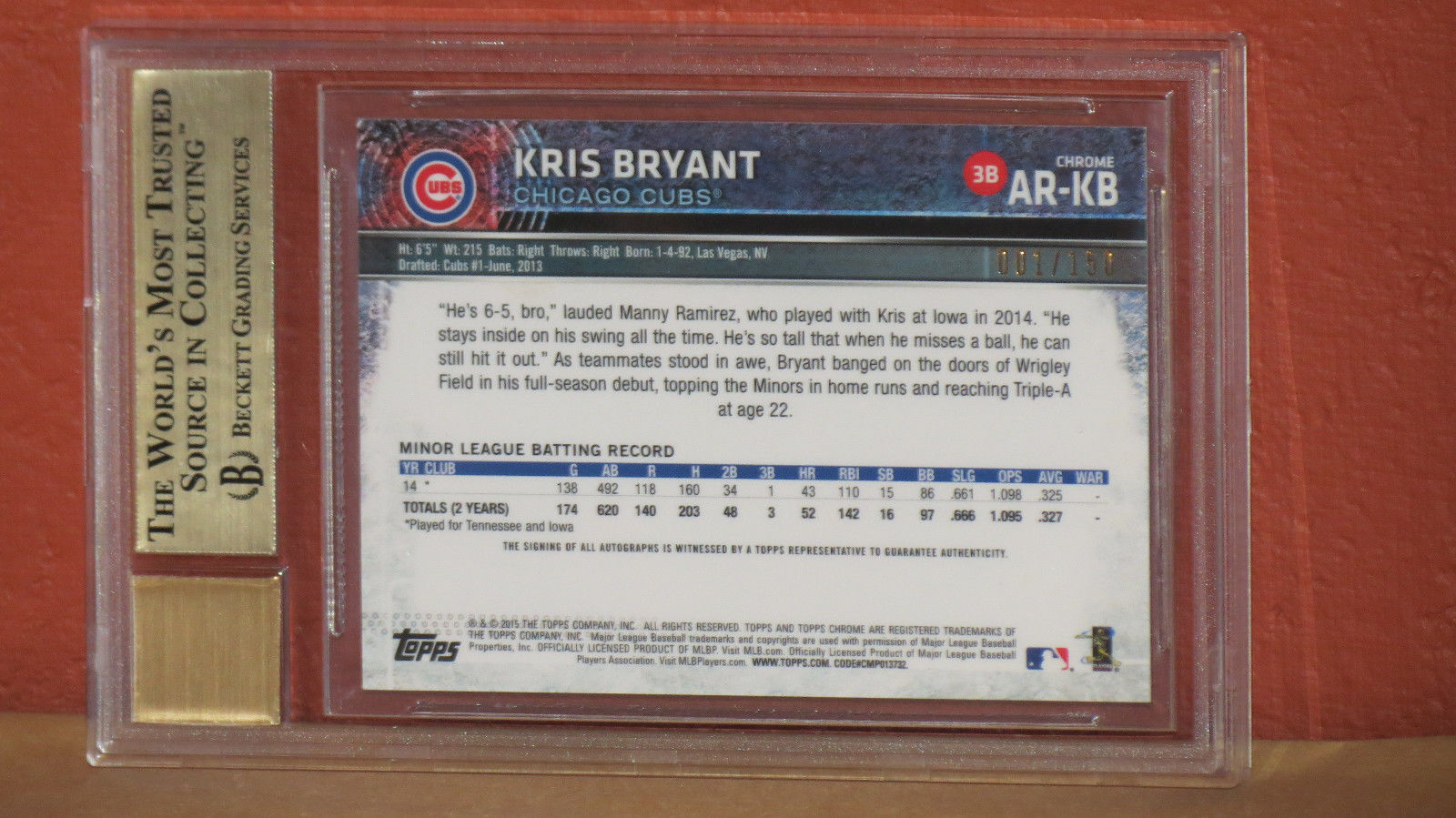 2015 Topps Chrome Rookie Autographs Blue Refrac Kris Bryant Card BGS 9.5 Auto 10