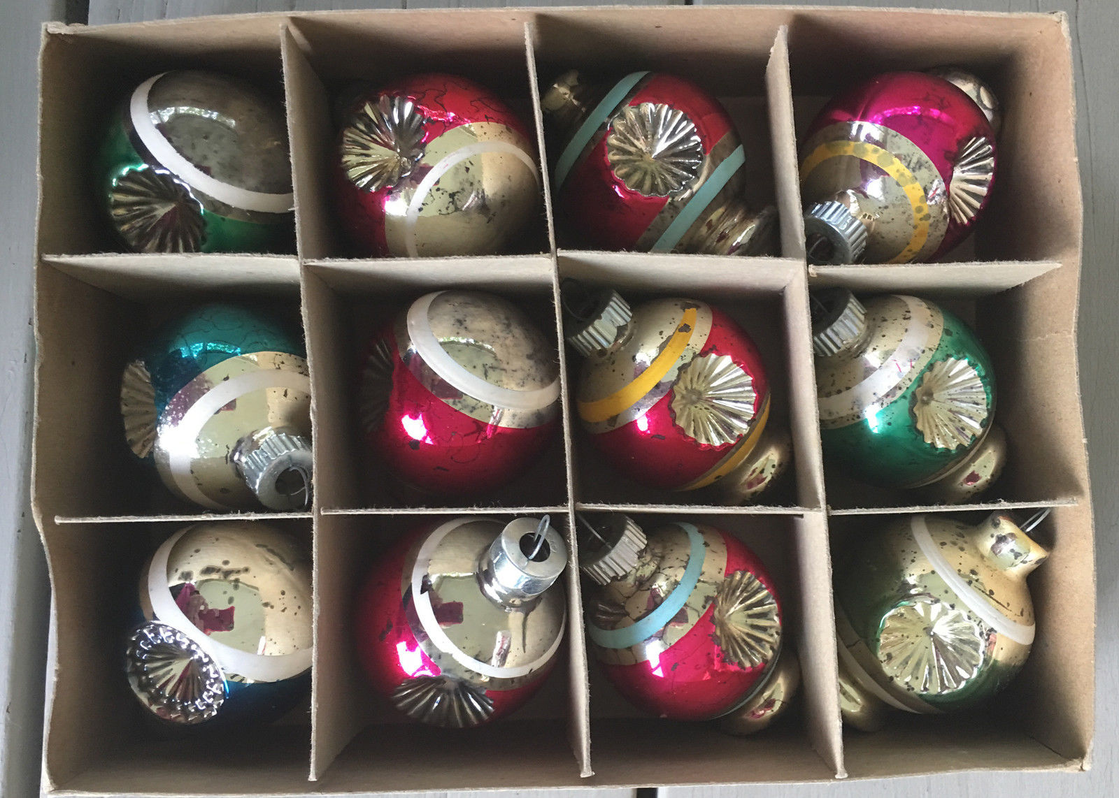 Vintage Shiney Brite Christmas Glass Mercury Ornaments Striped Indent w/ Box #17