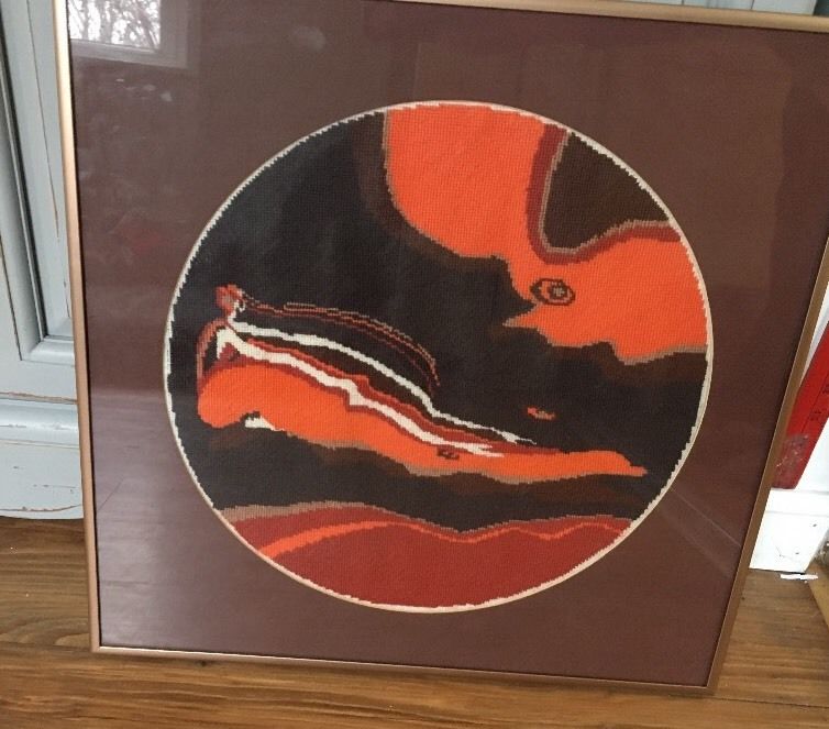 VINTAGE MID-CENTURY MODERNIST  ABSTRACT GROOVY NEEDLEPOINT TAPESTRY FRAMED