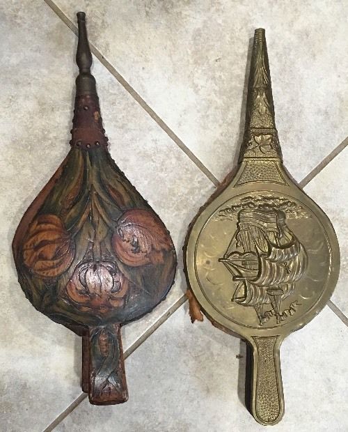 Two Antique Fireplace Bellows Brass Wood Leather Ship Hand Painted