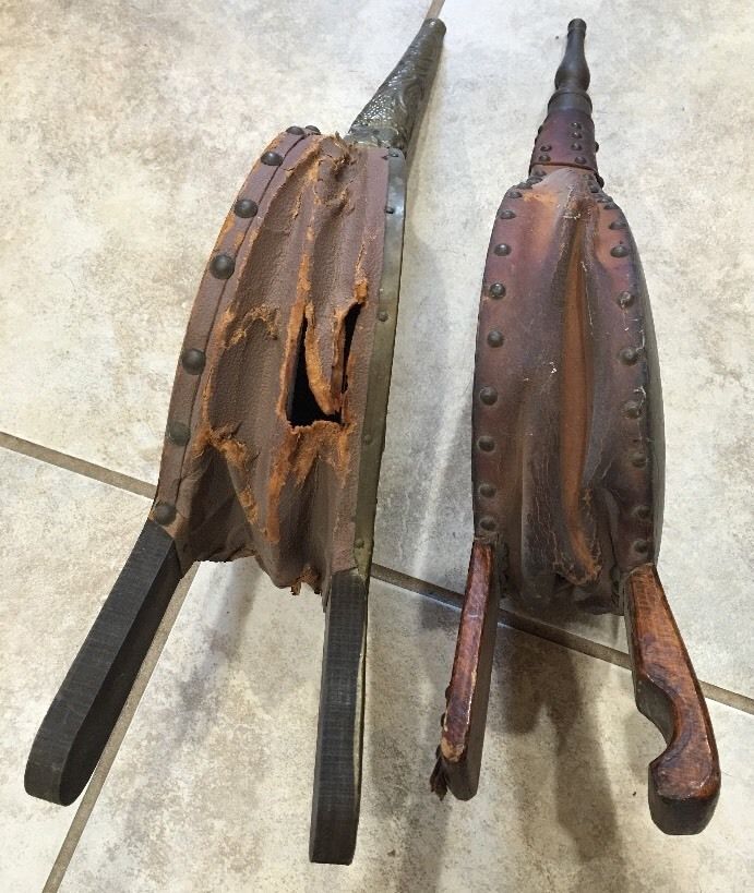 Two Antique Fireplace Bellows Brass Wood Leather Ship Hand Painted