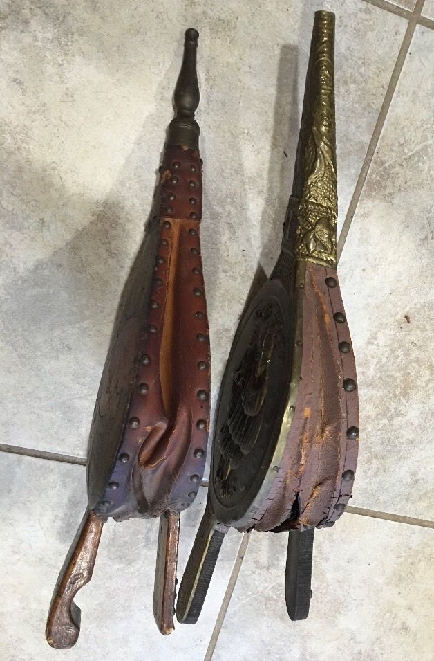 Two Antique Fireplace Bellows Brass Wood Leather Ship Hand Painted