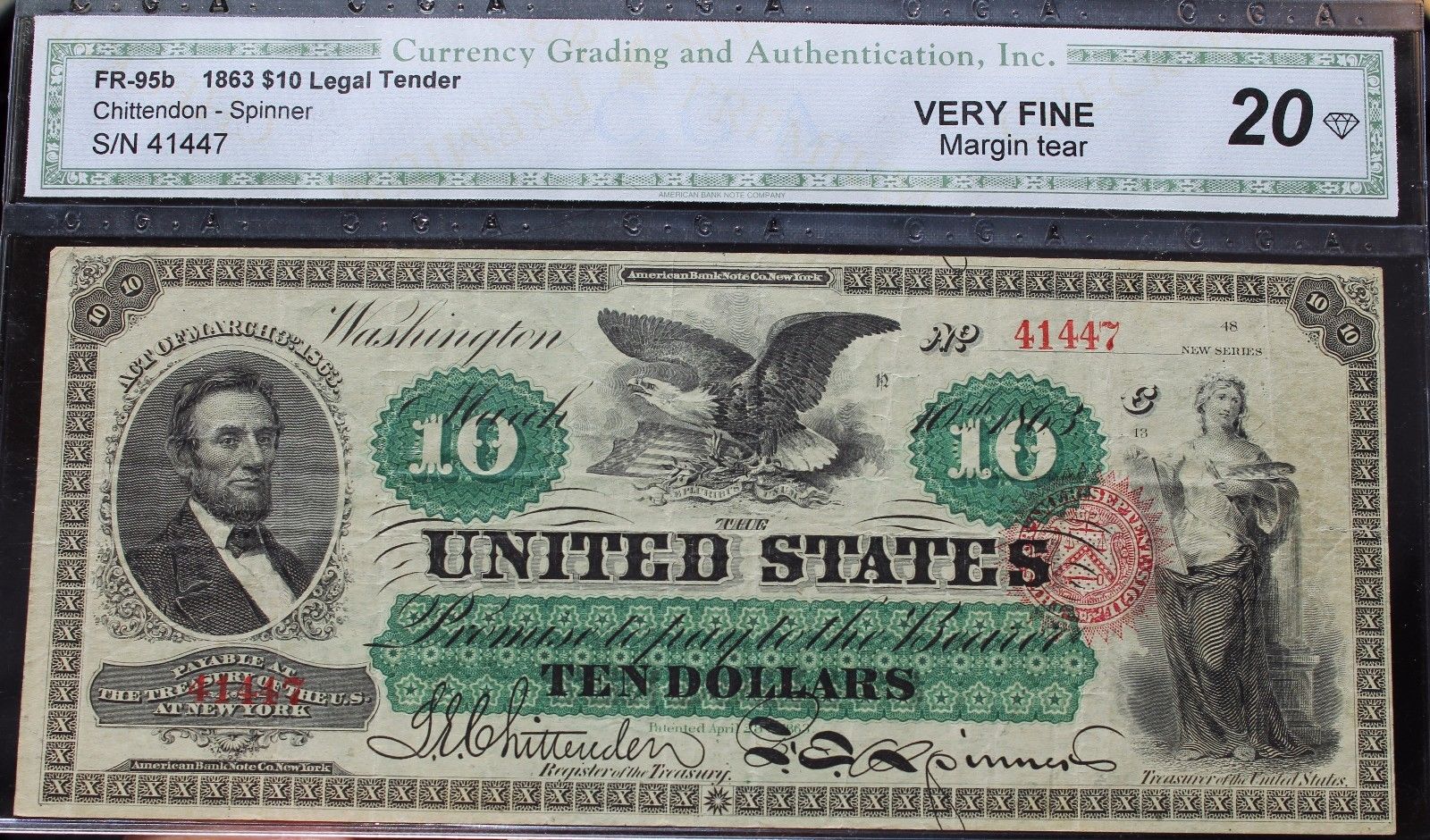 1863 $10 Legal Tender **SUPER TOUGH NOTE** Fr. 95b  Chittendon & Spinner