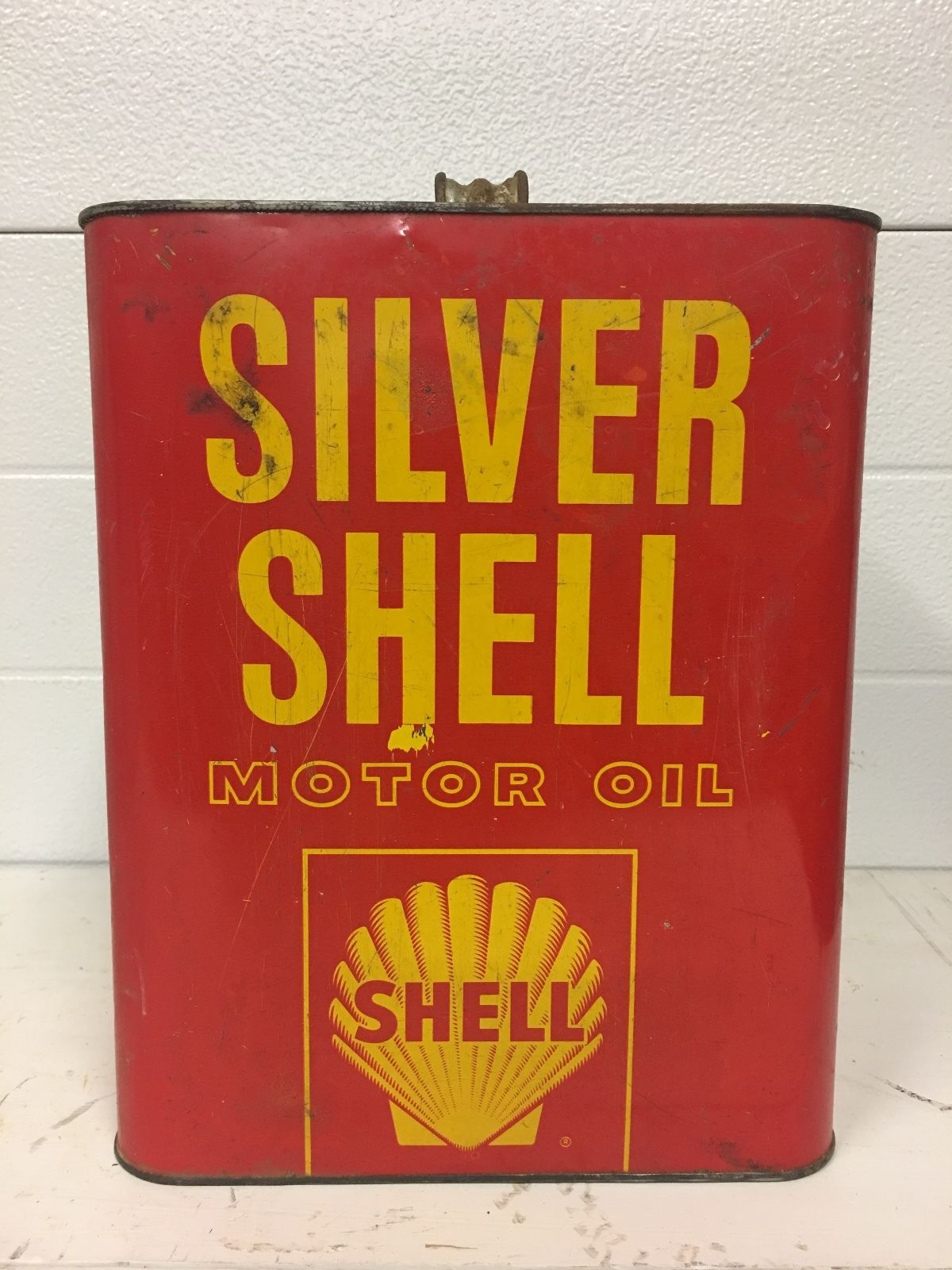 VINTAGE 2 GALLON SILVER SHELL MOTOR OIL CAN