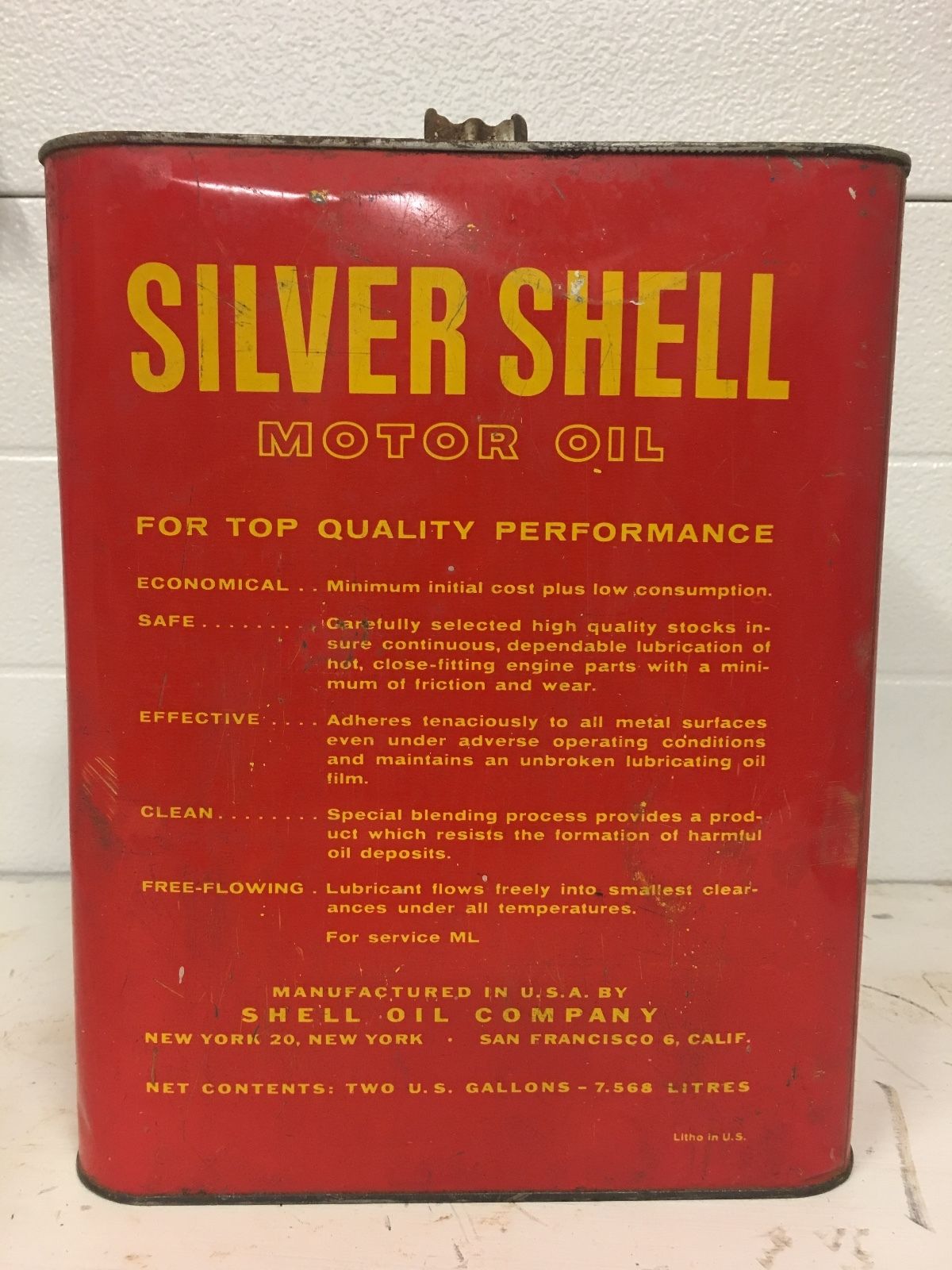 VINTAGE 2 GALLON SILVER SHELL MOTOR OIL CAN