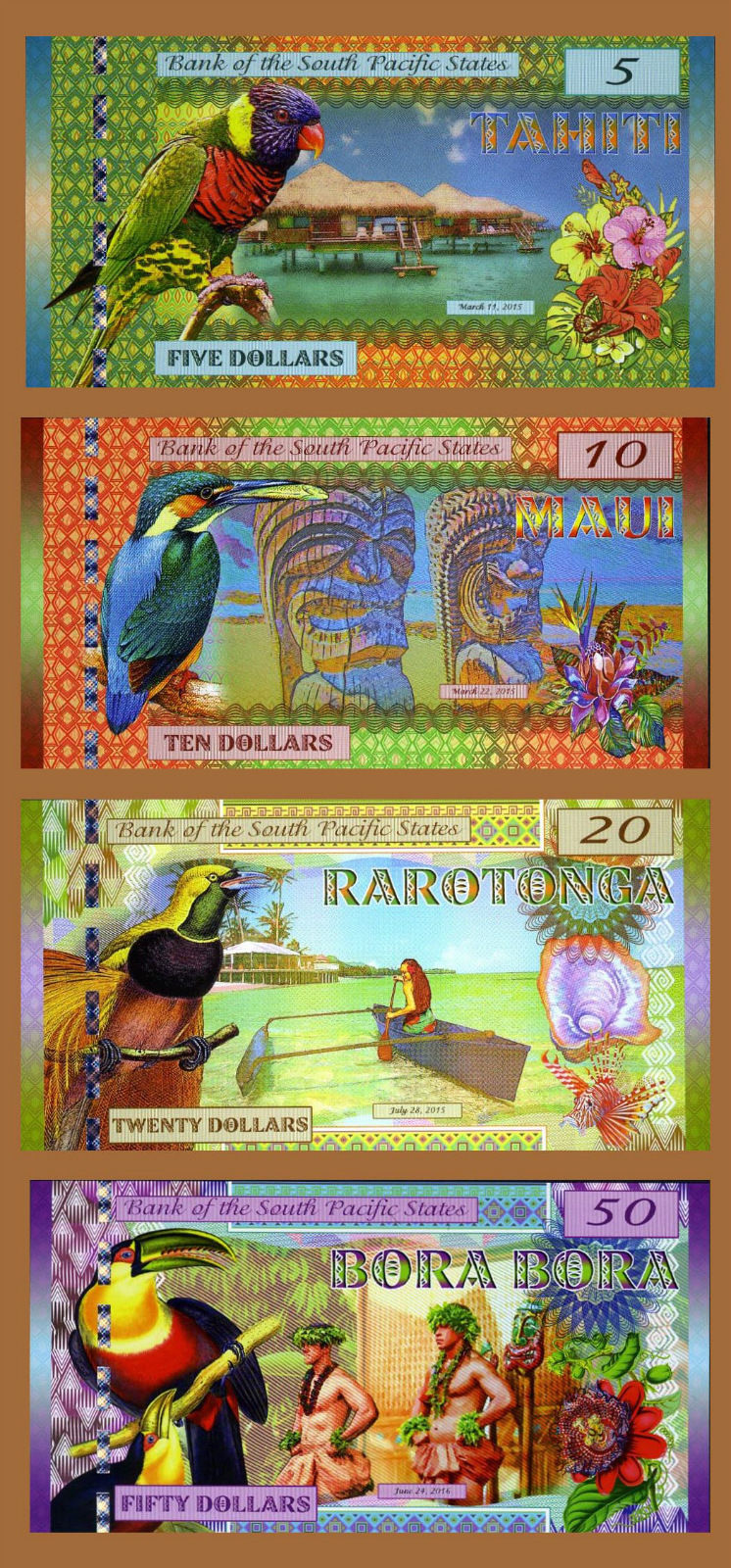 SET, South Pacific States, $5;$10;$20;$50 2015-2016, Polymer, UNC