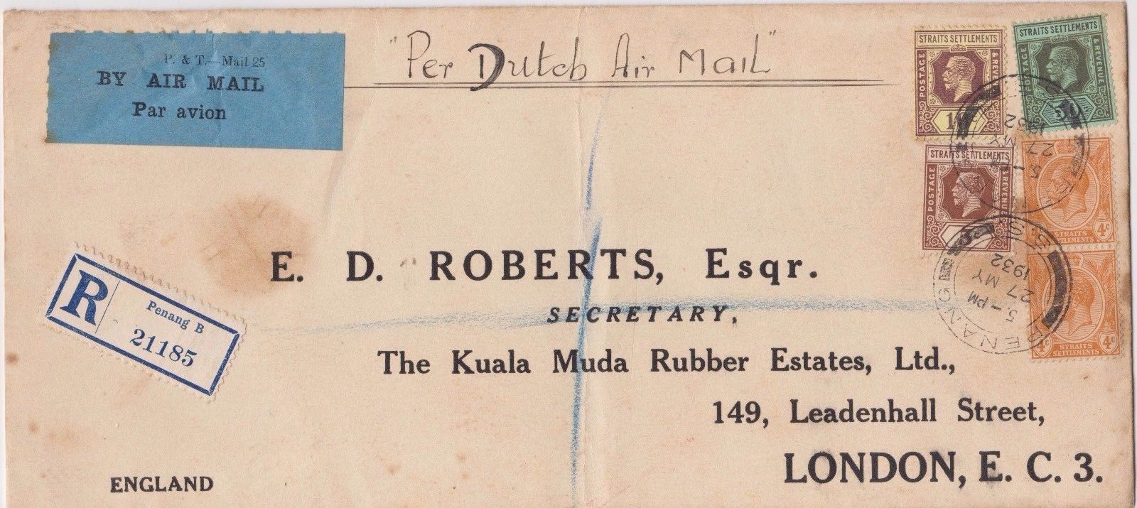 MALAYA STRAITS  1932 DUTCH  AIRMAIL RARE  78C RATE REG PENANG TO UK LONG COVER.