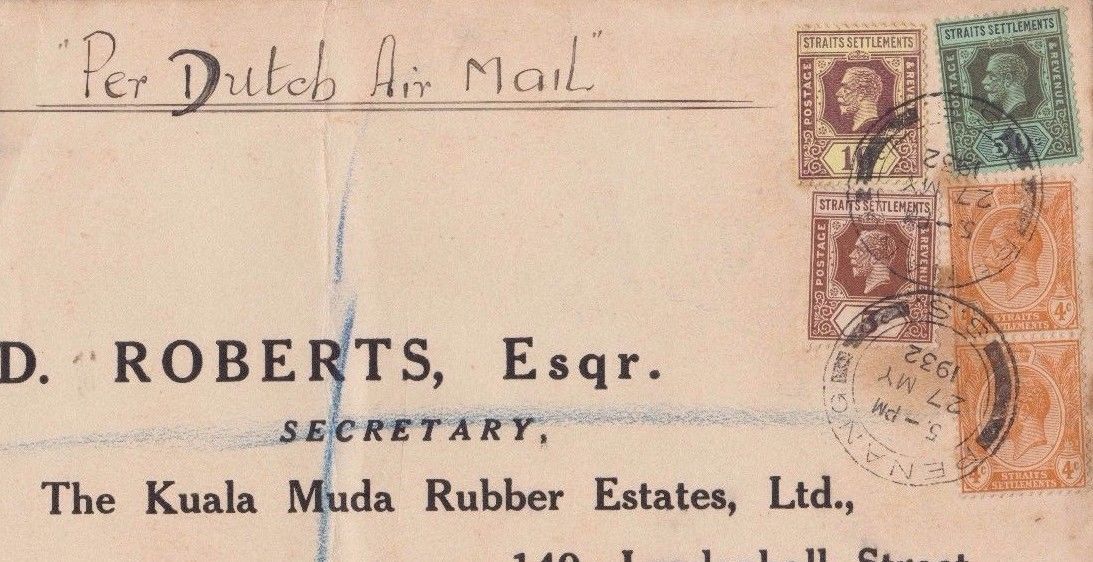 MALAYA STRAITS  1932 DUTCH  AIRMAIL RARE  78C RATE REG PENANG TO UK LONG COVER.