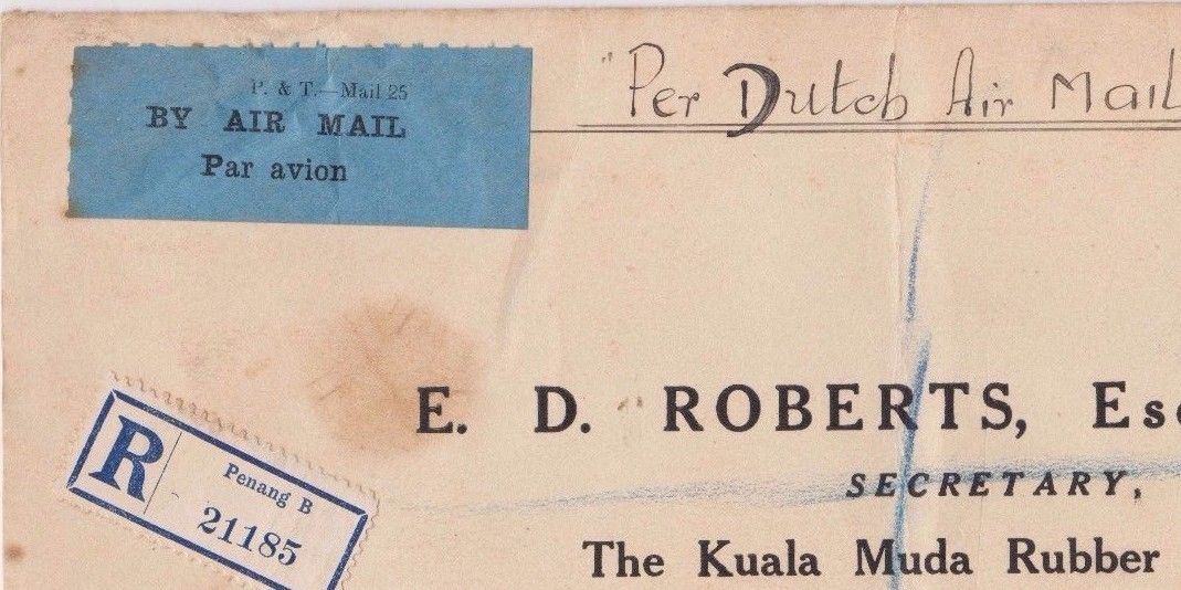 MALAYA STRAITS  1932 DUTCH  AIRMAIL RARE  78C RATE REG PENANG TO UK LONG COVER.