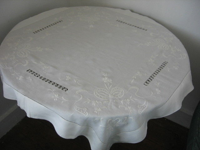 VINTAGE LINEN TABLECLOTH WHITE  HAND EMBROIDERED  RAISED BOWS,SCROLLS, & FLOWERS