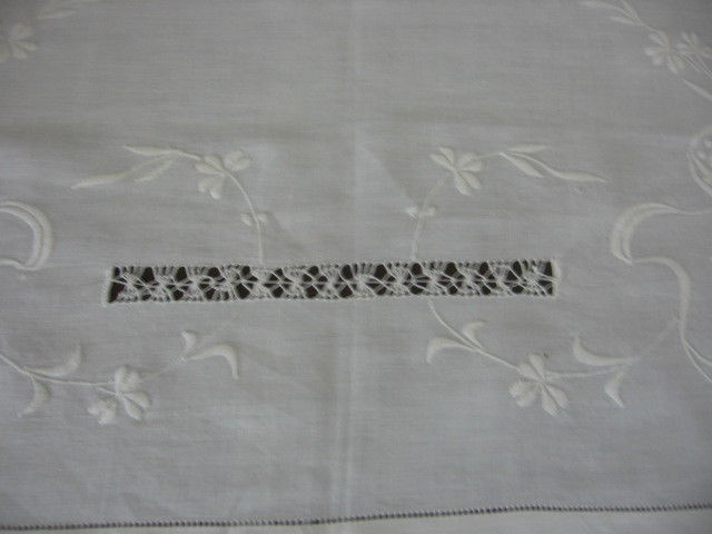 VINTAGE LINEN TABLECLOTH WHITE  HAND EMBROIDERED  RAISED BOWS,SCROLLS, & FLOWERS