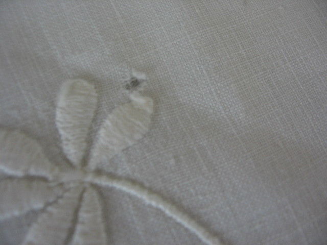 VINTAGE LINEN TABLECLOTH WHITE  HAND EMBROIDERED  RAISED BOWS,SCROLLS, & FLOWERS