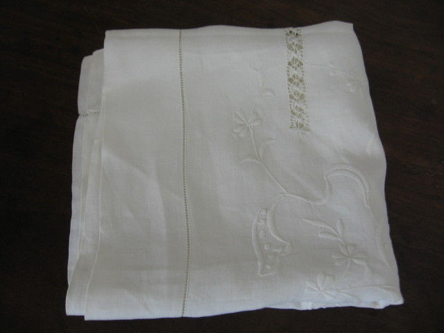 VINTAGE LINEN TABLECLOTH WHITE  HAND EMBROIDERED  RAISED BOWS,SCROLLS, & FLOWERS