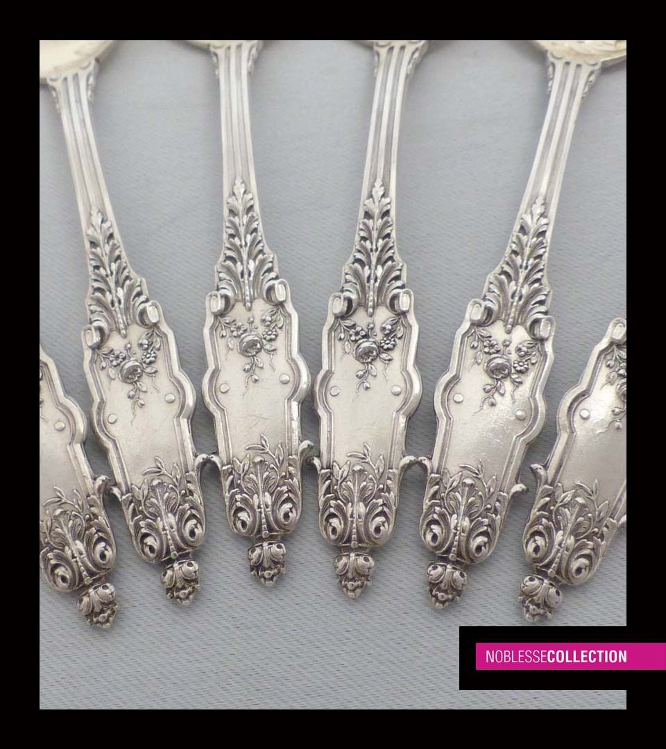 PUIFORCAT ANTIQUE 1880s FRENCH STERLING SILVER VERMEIL ICE CREAM SPOONS SET 6 pc