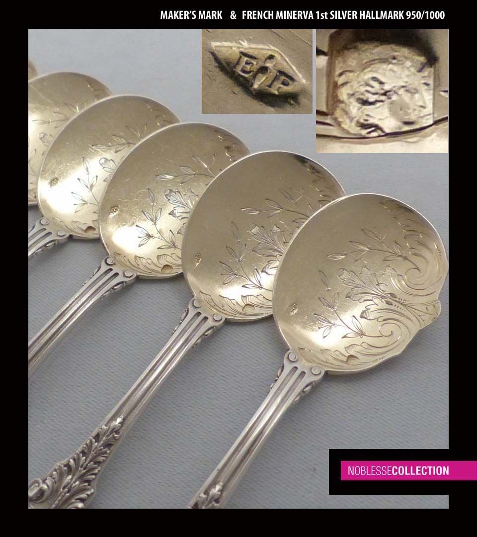 PUIFORCAT ANTIQUE 1880s FRENCH STERLING SILVER VERMEIL ICE CREAM SPOONS SET 6 pc