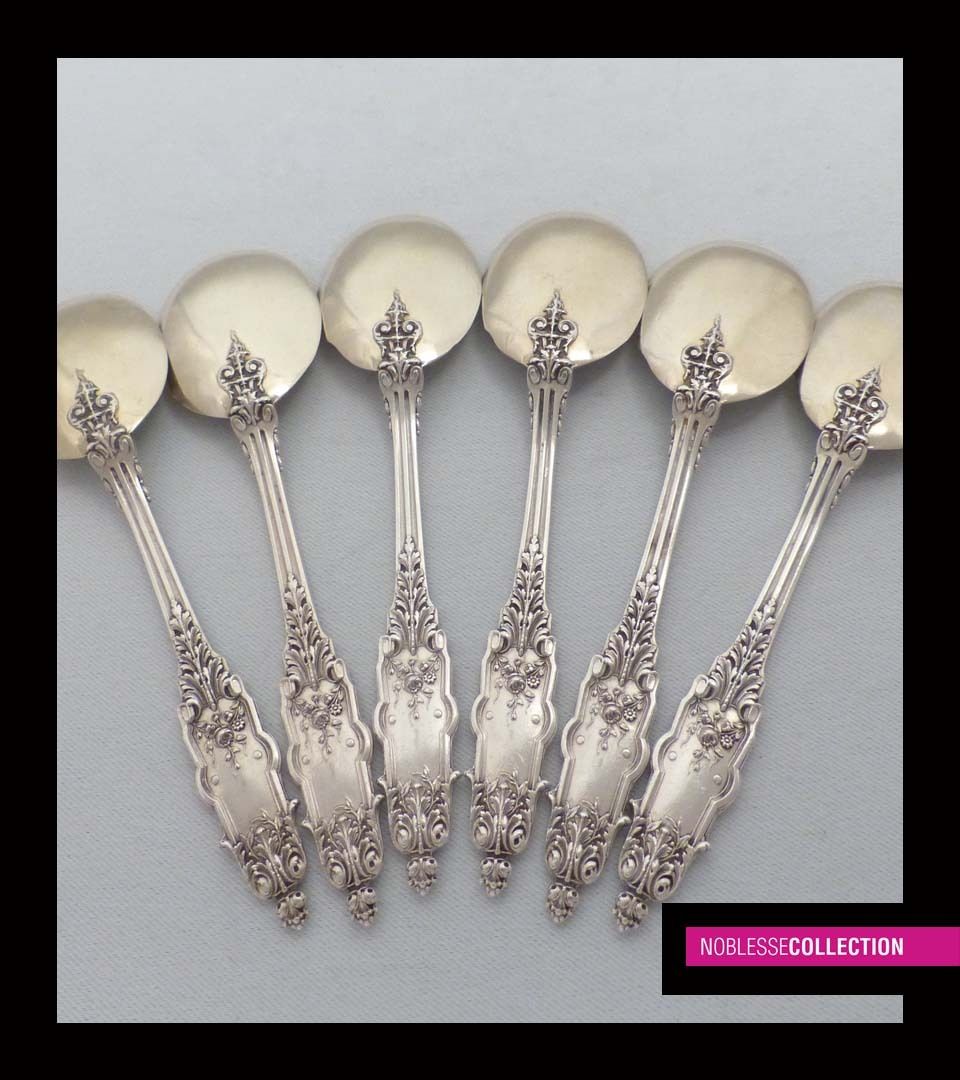 PUIFORCAT ANTIQUE 1880s FRENCH STERLING SILVER VERMEIL ICE CREAM SPOONS SET 6 pc