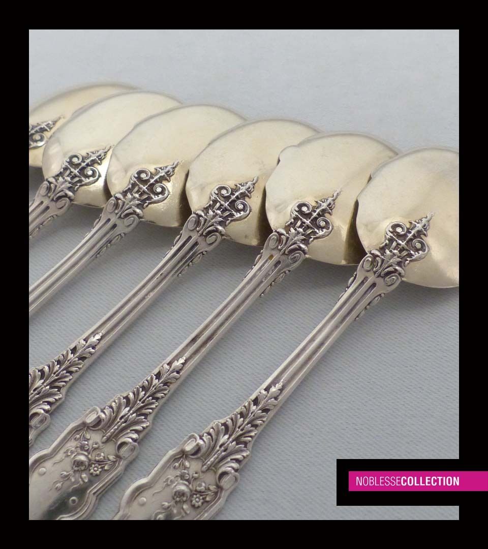 PUIFORCAT ANTIQUE 1880s FRENCH STERLING SILVER VERMEIL ICE CREAM SPOONS SET 6 pc