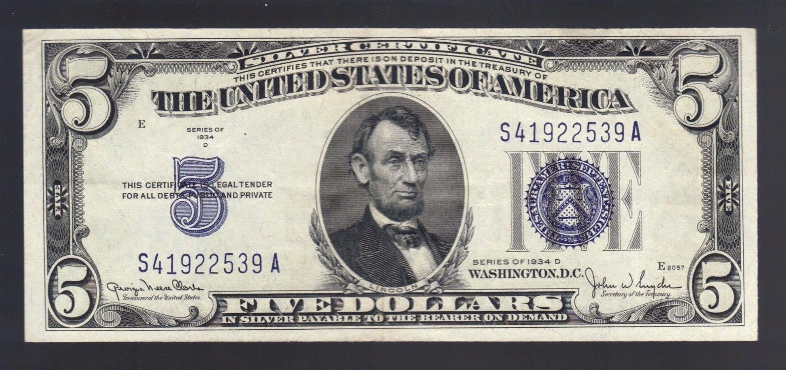 $5 1934 FIVE DOLLARS Bill Blue Seal SILVER Certificate Note OLD Antique Currency