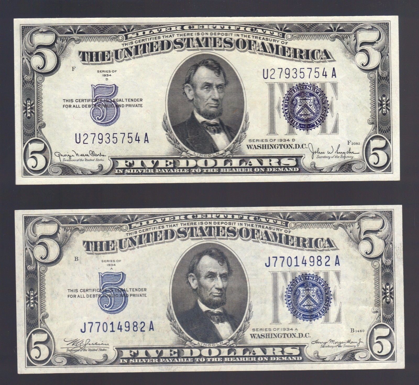 $5 1934 FIVE DOLLARS Bill Blue Seal SILVER Certificate Note OLD Antique Currency