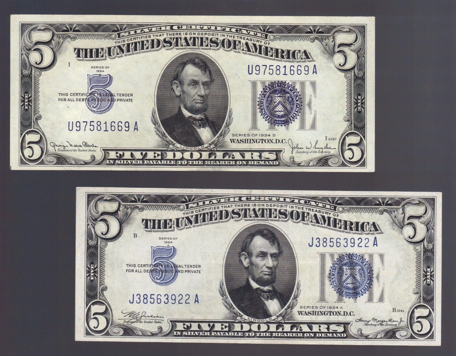 $5 1934 FIVE DOLLARS Bill Blue Seal SILVER Certificate Note OLD Antique Currency