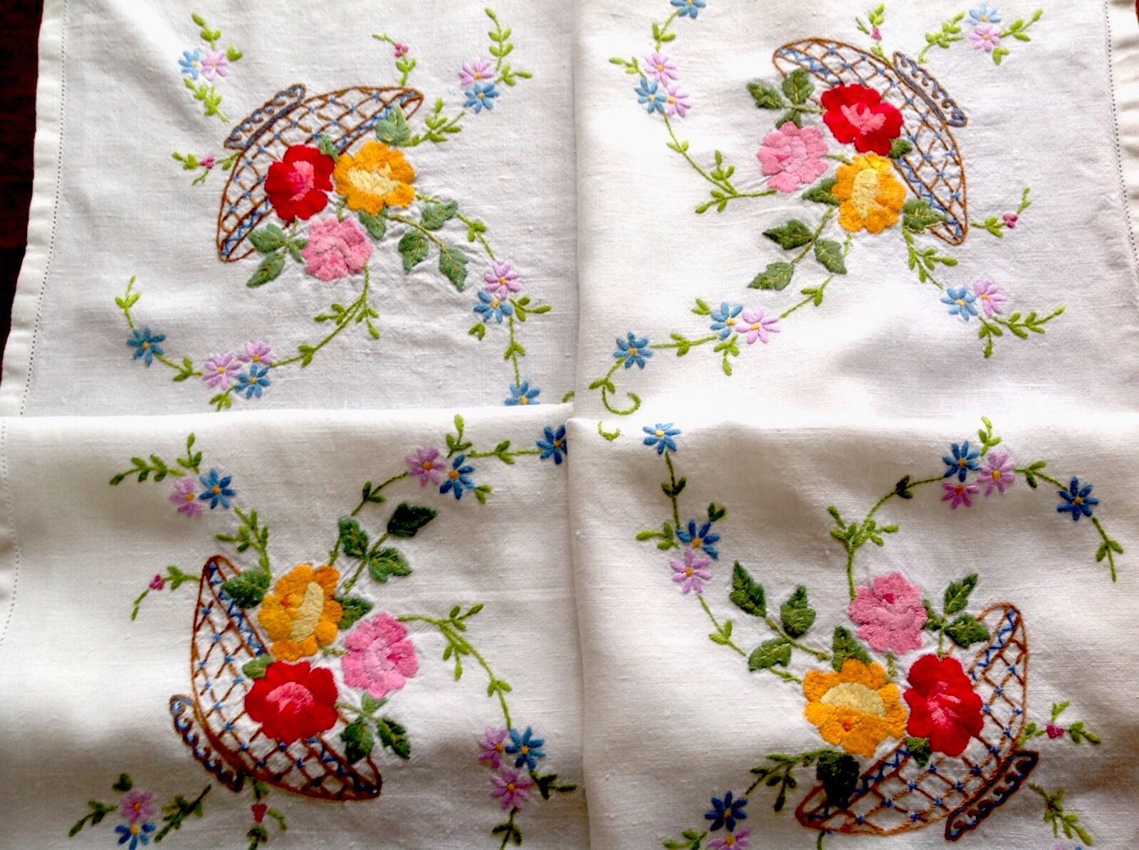 Vintage Hand Embroidered Natural Linen " Bowl Of Flowers " Tablecloth 33x34"