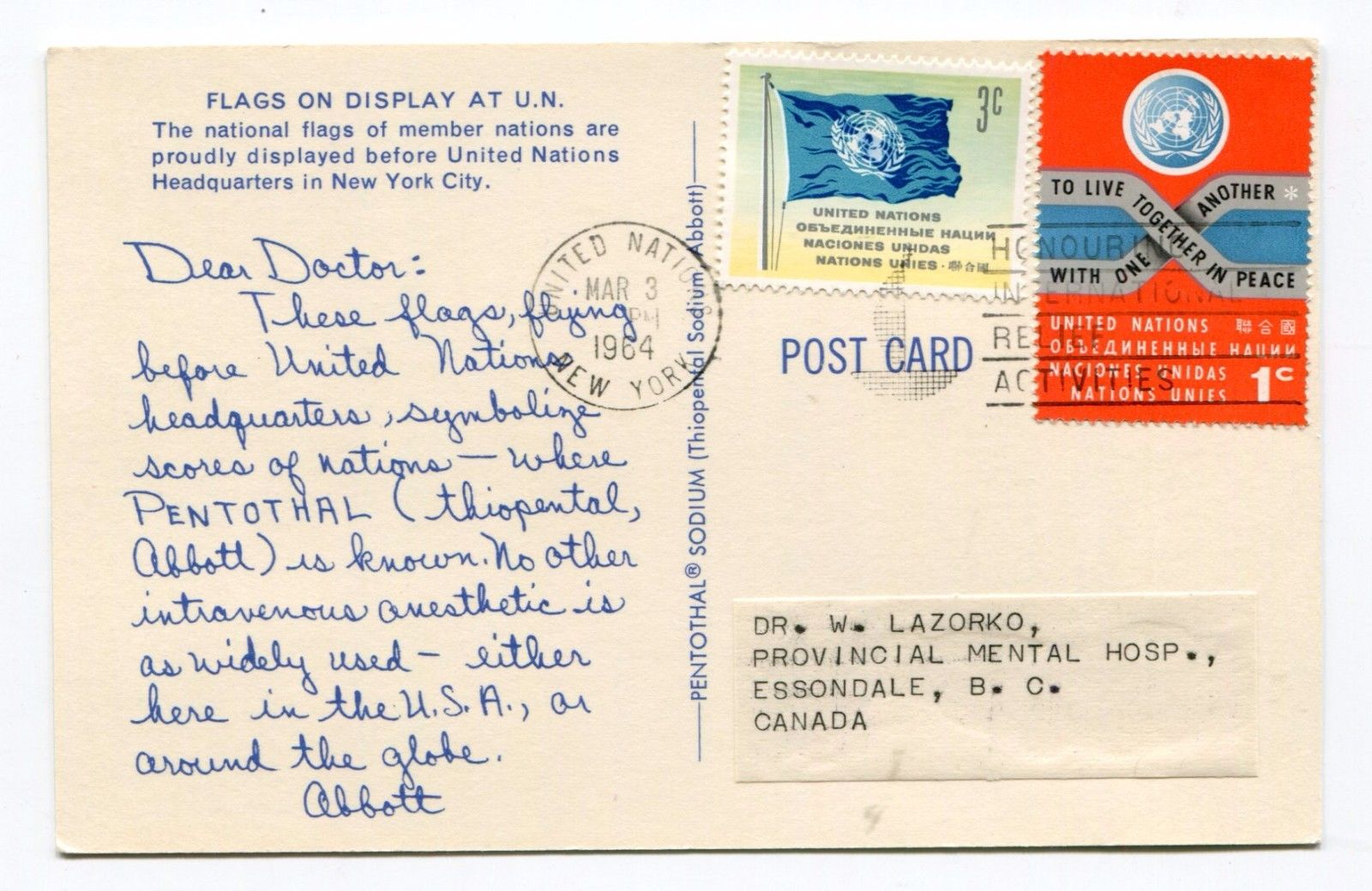 UN United Nations 1964 - Abbott Medicine - Dear Doctor Postcard to BC Canada