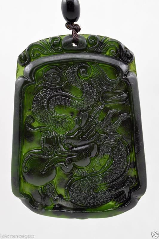 Chinese Hand-carved Natural Dark green Jade Pendant - Dragon-Free Necklace