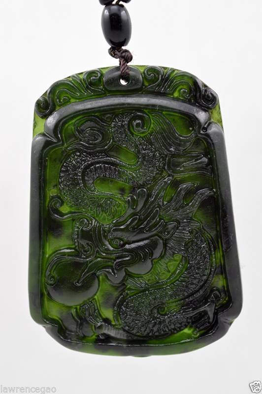 Chinese Hand-carved Natural Dark green Jade Pendant - Dragon-Free Necklace