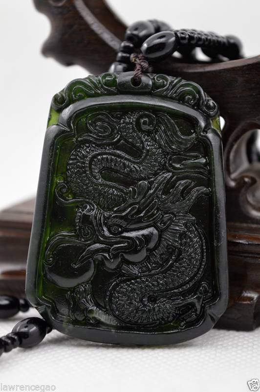 Chinese Hand-carved Natural Dark green Jade Pendant - Dragon-Free Necklace