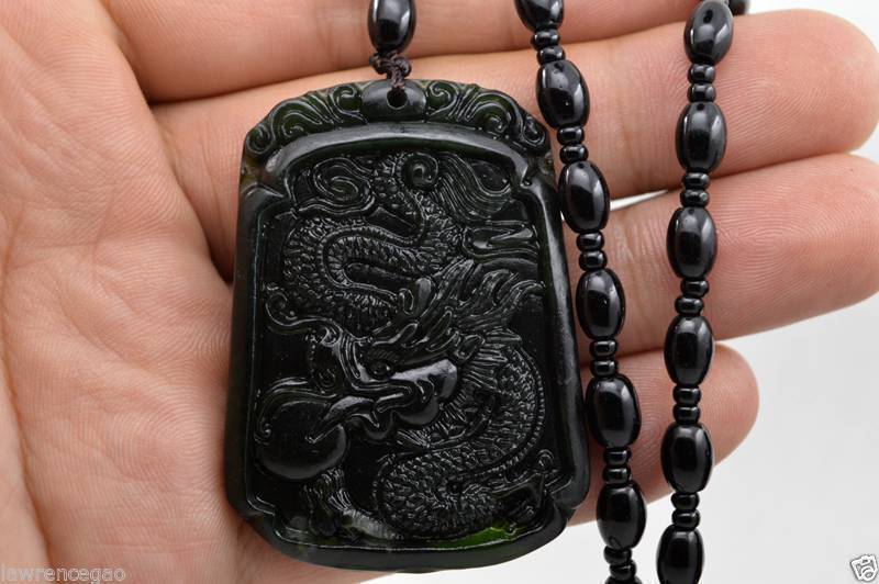 Chinese Hand-carved Natural Dark green Jade Pendant - Dragon-Free Necklace