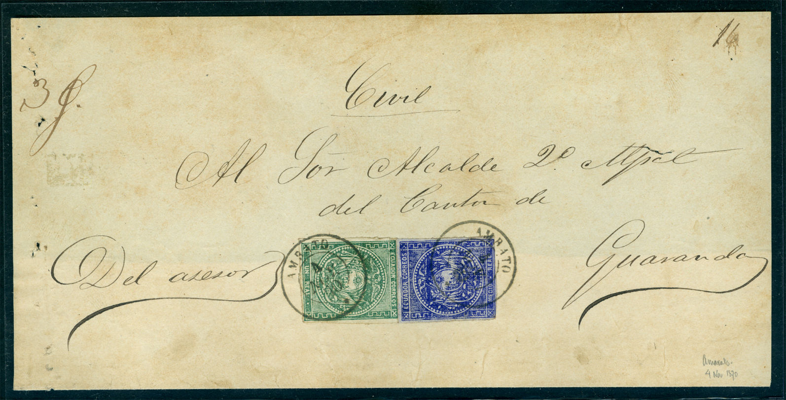 ECUADOR 1870 Coat of Arms ½r blue, 1r green Sc# 2+5 used on large part COVER