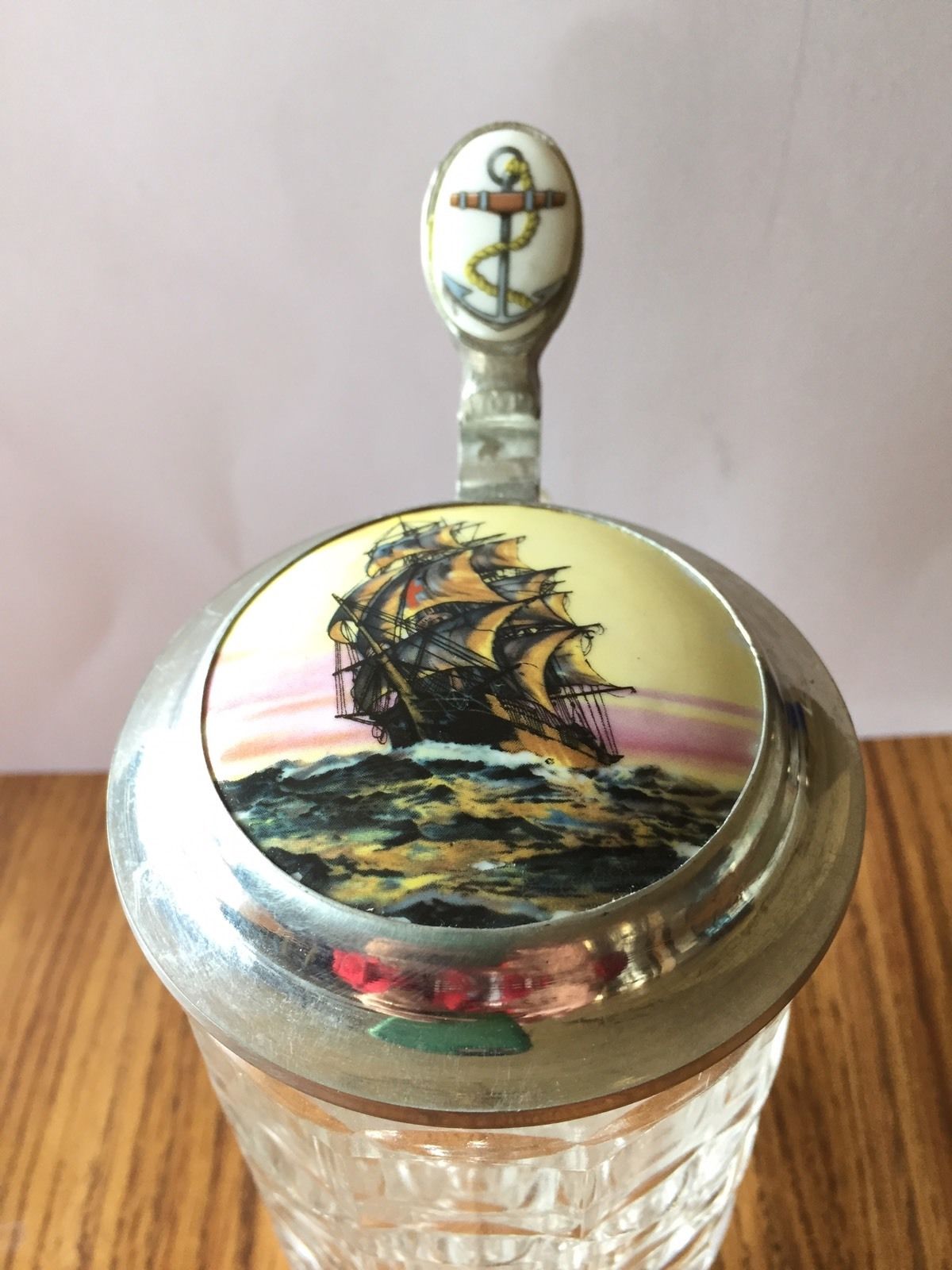 Unusual Vintage German Glass Beer Stein With Ship Inlay Lid