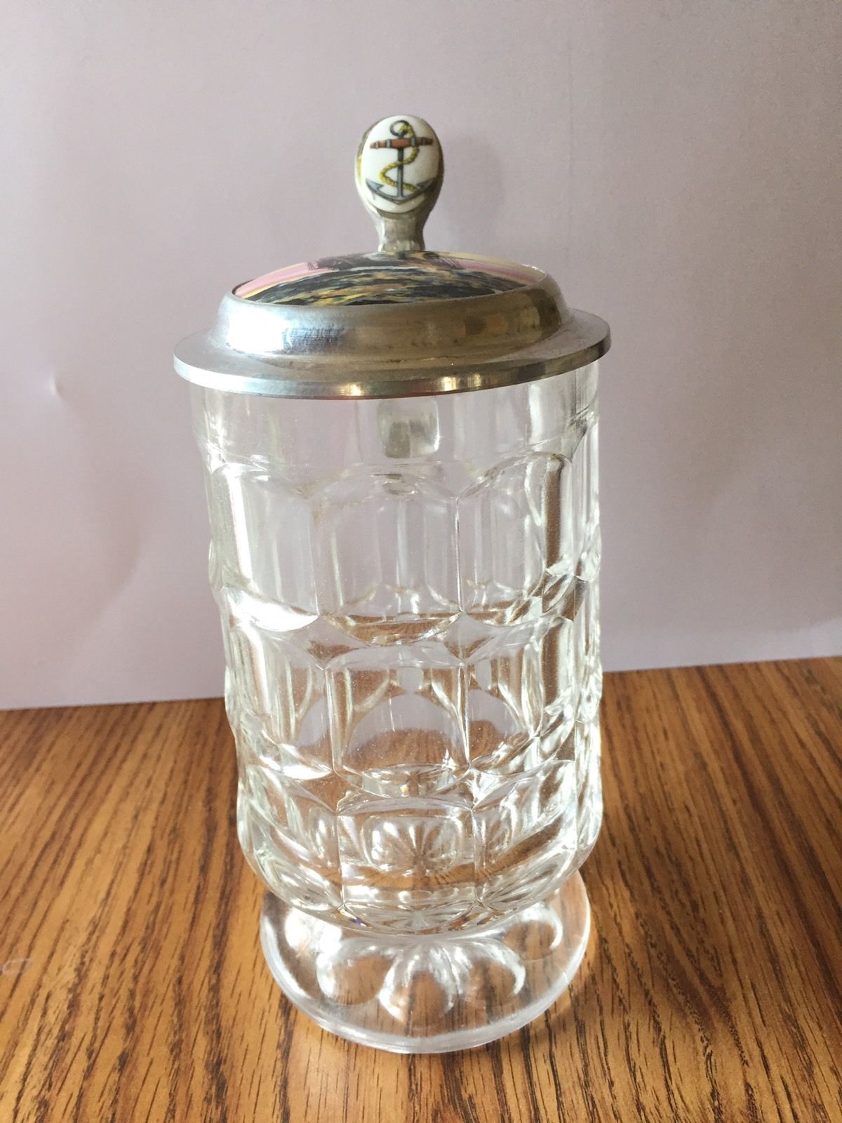 Unusual Vintage German Glass Beer Stein With Ship Inlay Lid