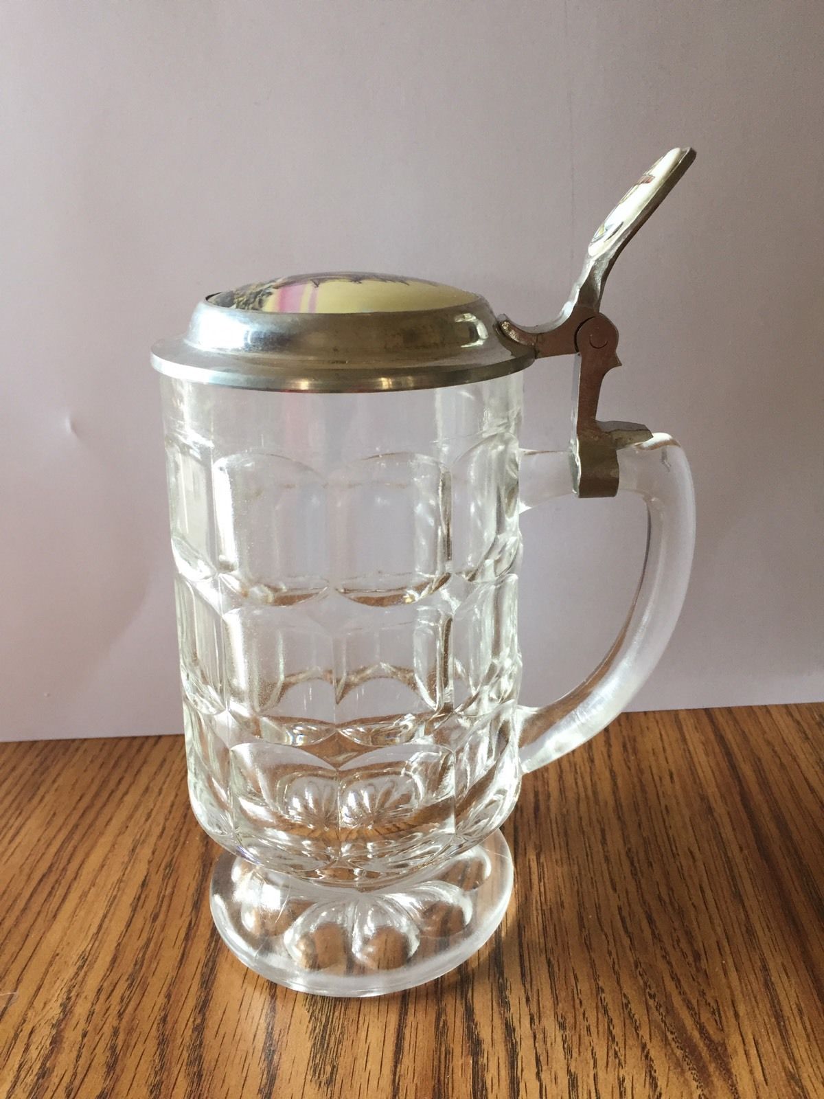 Unusual Vintage German Glass Beer Stein With Ship Inlay Lid