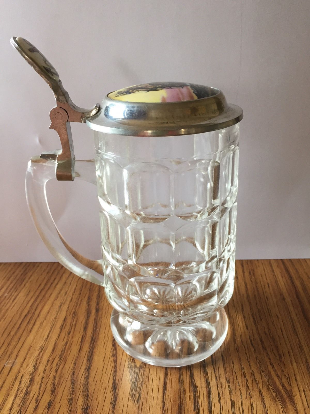 Unusual Vintage German Glass Beer Stein With Ship Inlay Lid