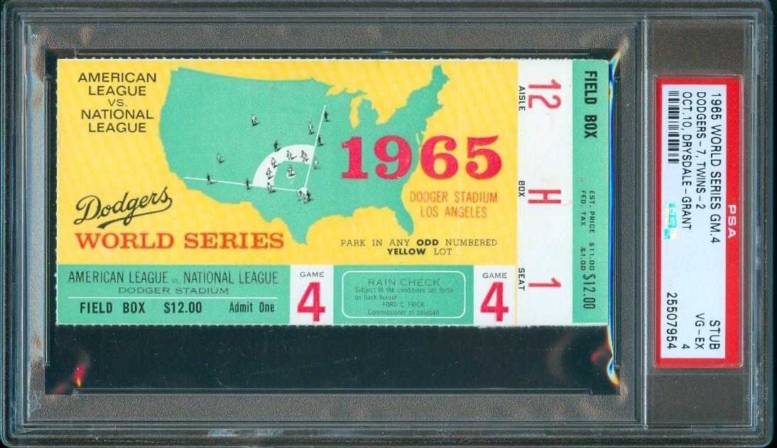 1965 Baseball WORLD SERIES Game 4 Ticket Stub DRYSDALE Dodgers vs Twins PSA 4