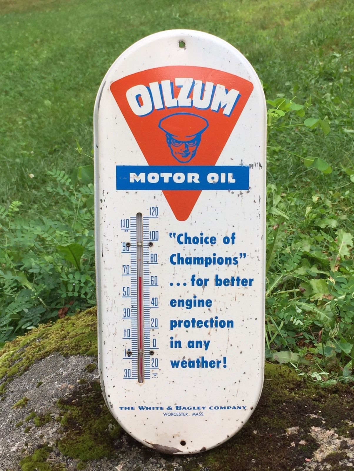 RARE Vintage Original OILZUM Motor Oil Thermometer White & Bagley Co. Sign