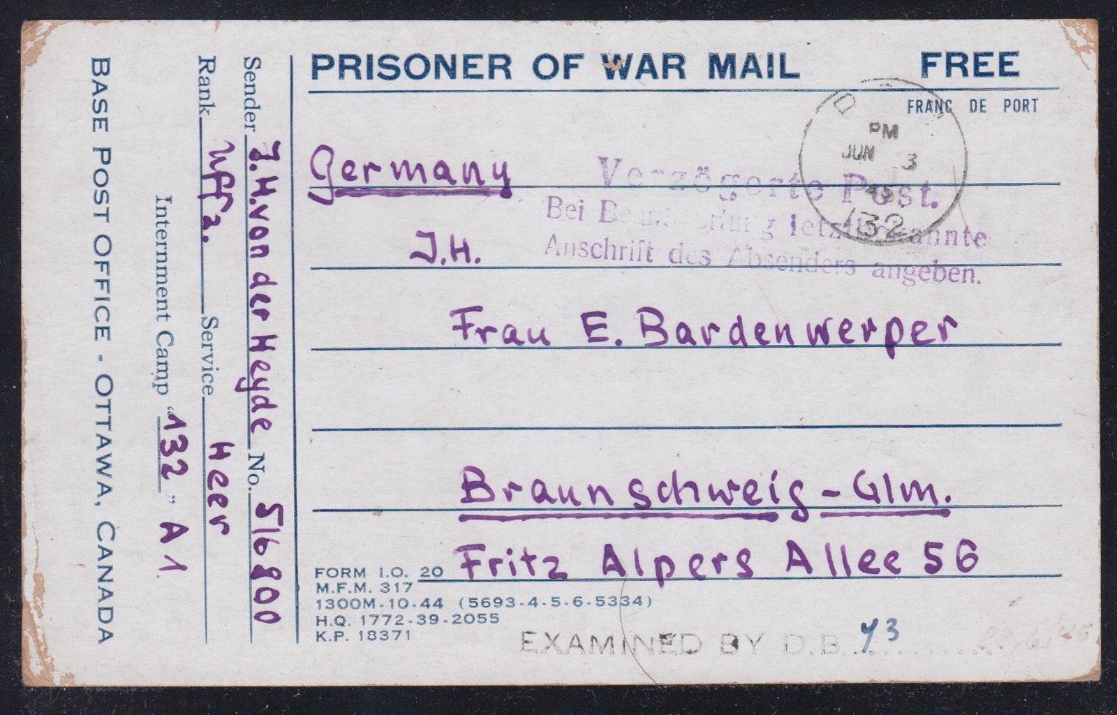 Canada 1945 MEDICINE HAT Prisoner of War POW Camp DELAYED Postcard to Germany