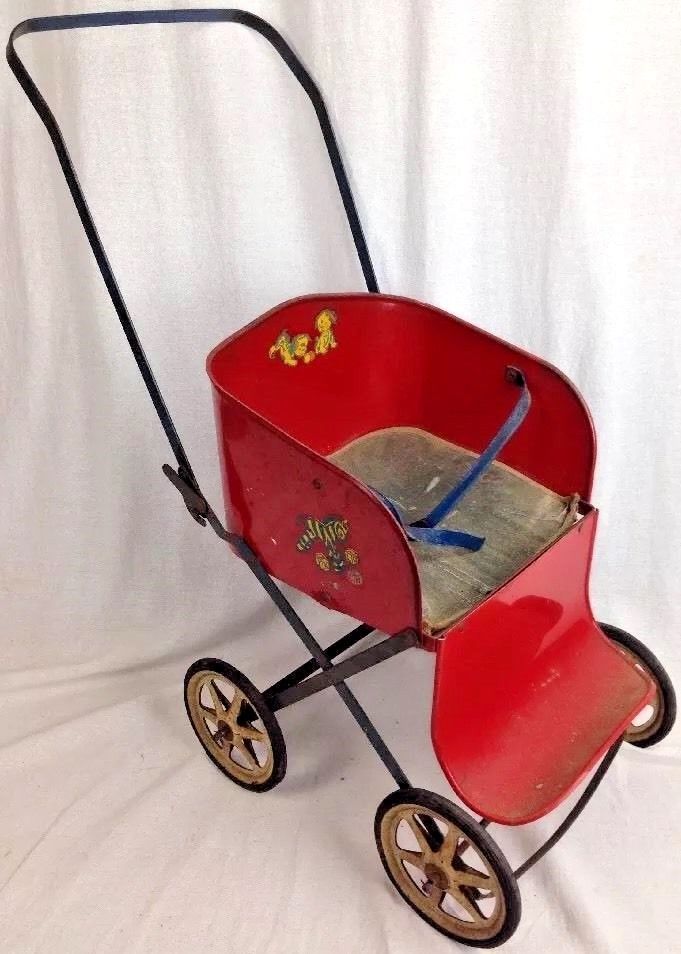 VINTAGE 1940'S MUSKIN TOY METAL DOLL STROLLER Red Foldable Child's Toy decor