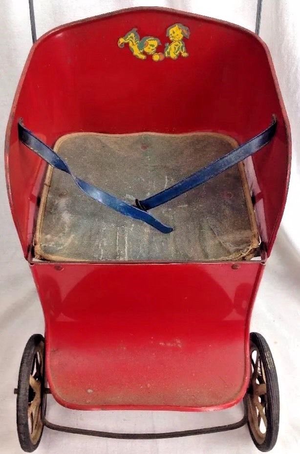 VINTAGE 1940'S MUSKIN TOY METAL DOLL STROLLER Red Foldable Child's Toy decor