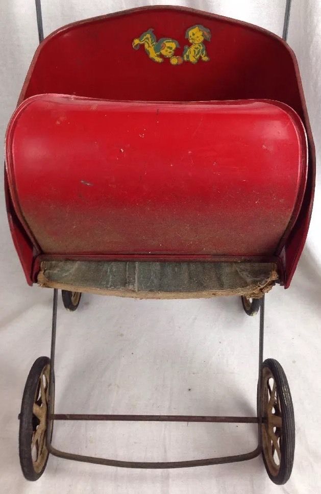 VINTAGE 1940'S MUSKIN TOY METAL DOLL STROLLER Red Foldable Child's Toy decor