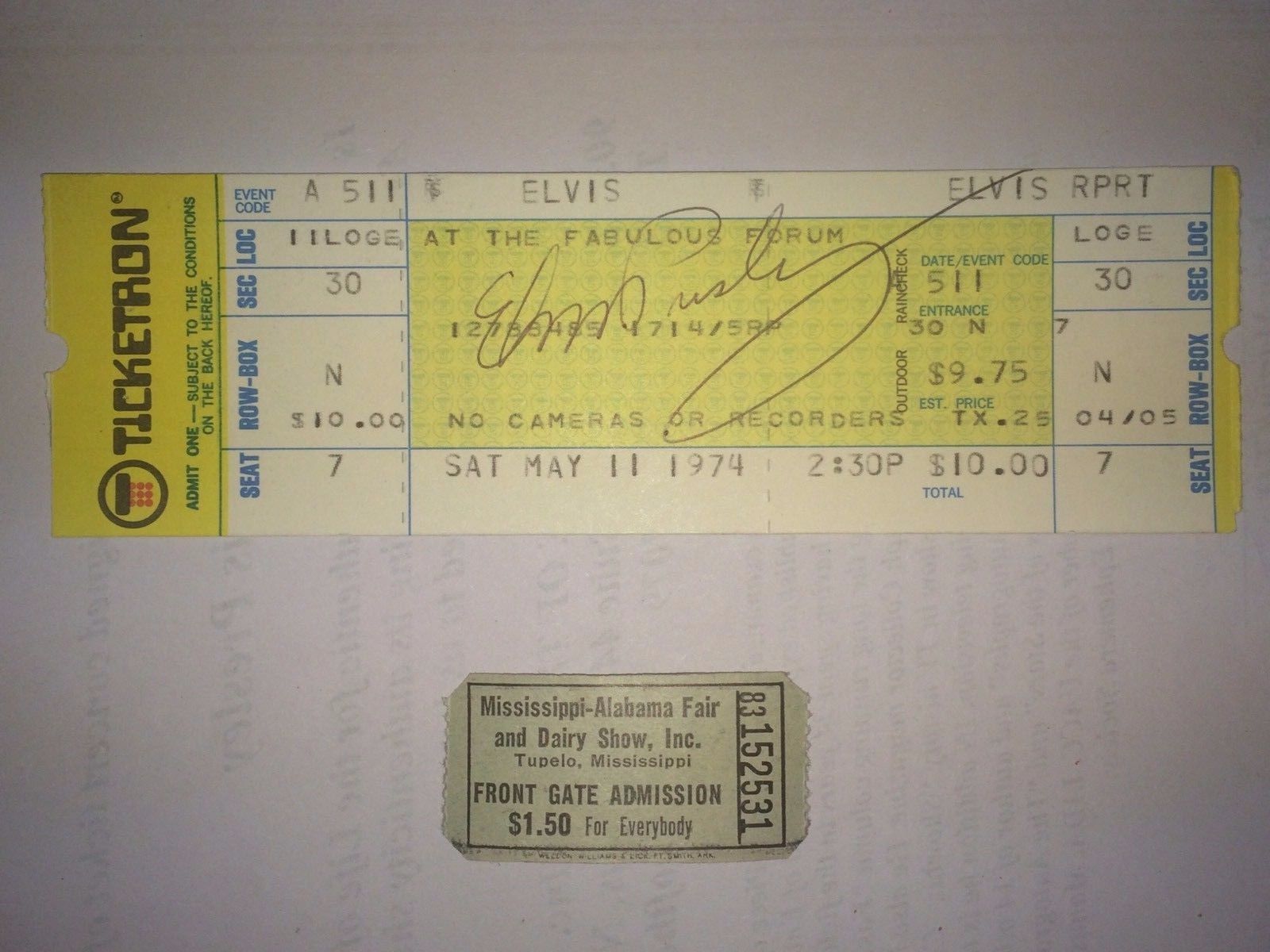 ELVIS PRESLEY Signed Concert Ticket 05/11/74 with an Original Fair Stub 09/26/56