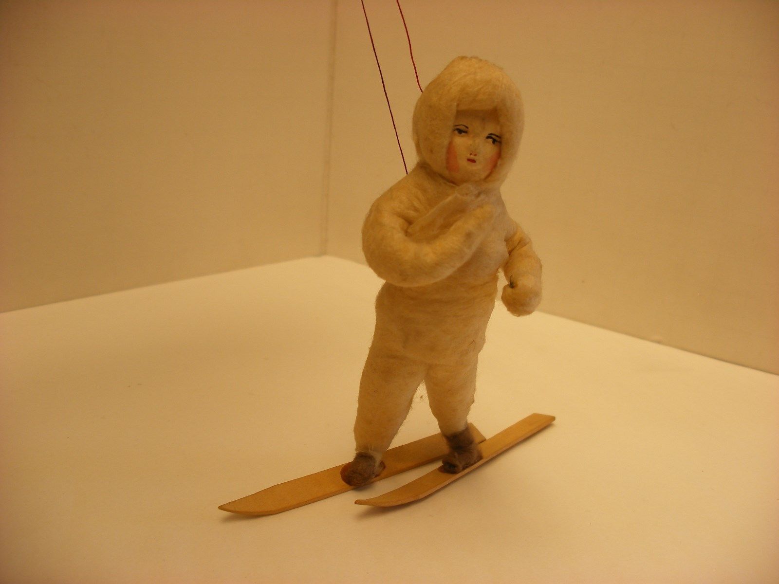 Antique Vtg Feather Tree Christmas Ornament - Spun Cotton Boy on Skis 4" Tall