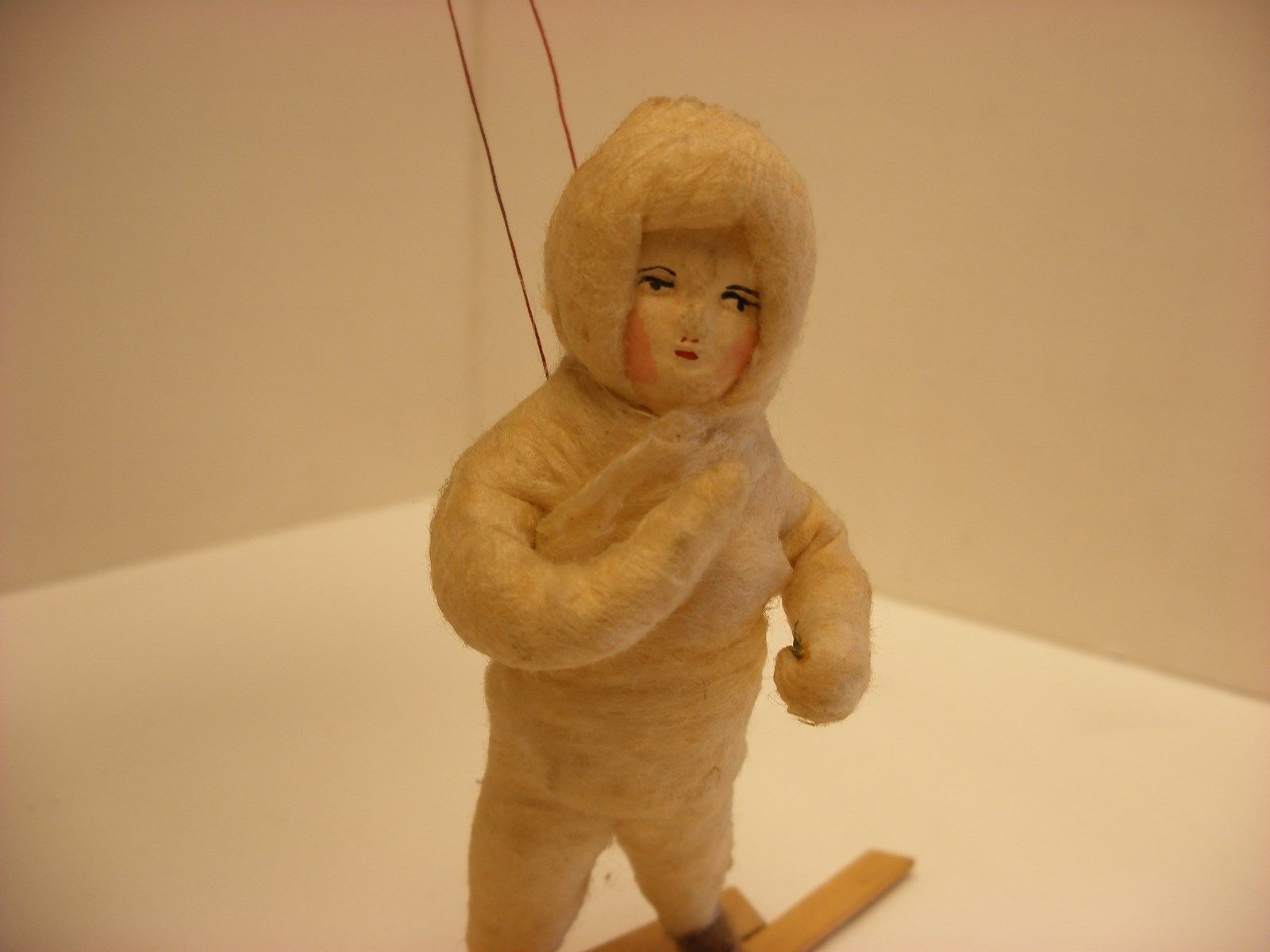 Antique Vtg Feather Tree Christmas Ornament - Spun Cotton Boy on Skis 4" Tall