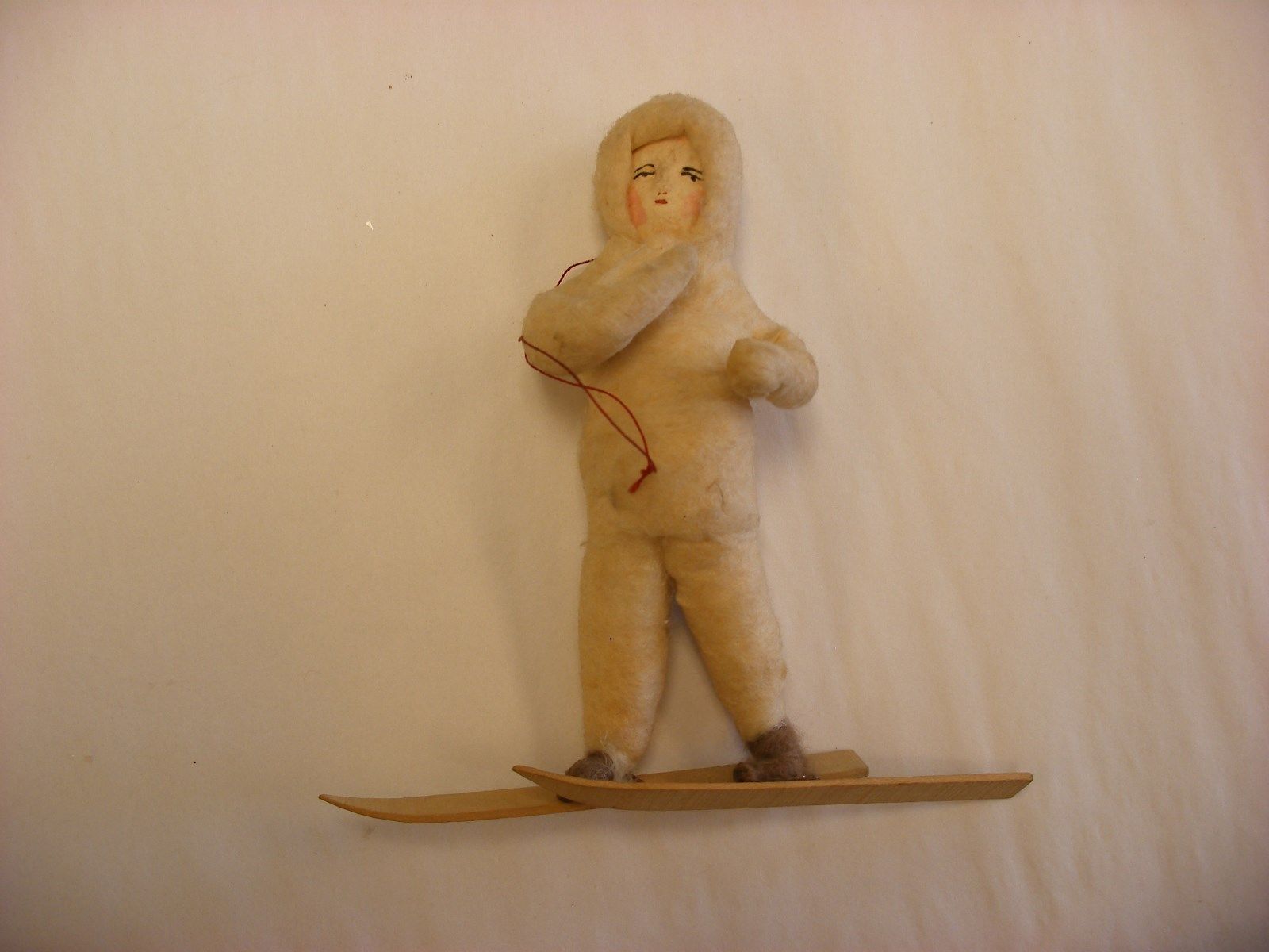 Antique Vtg Feather Tree Christmas Ornament - Spun Cotton Boy on Skis 4" Tall