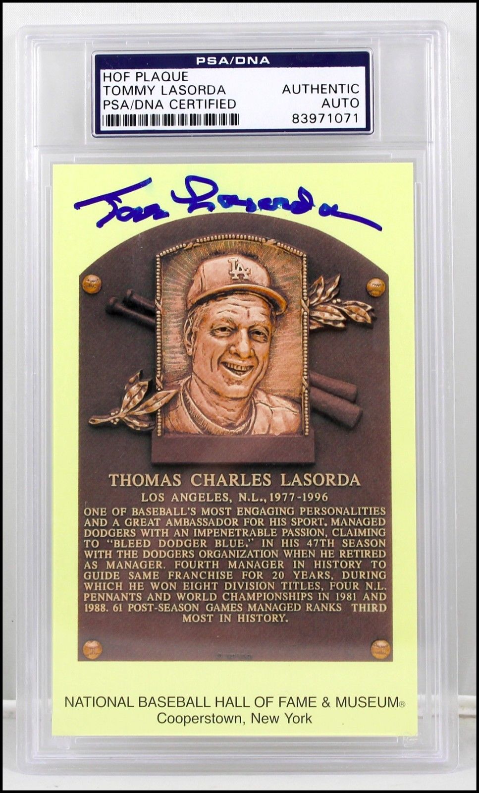 TOMMY LASORDA AUTOGRAPH SIGNED HALL OF FAME HOF PLAQUE CARD POSTCARD PSA PSA/DNA