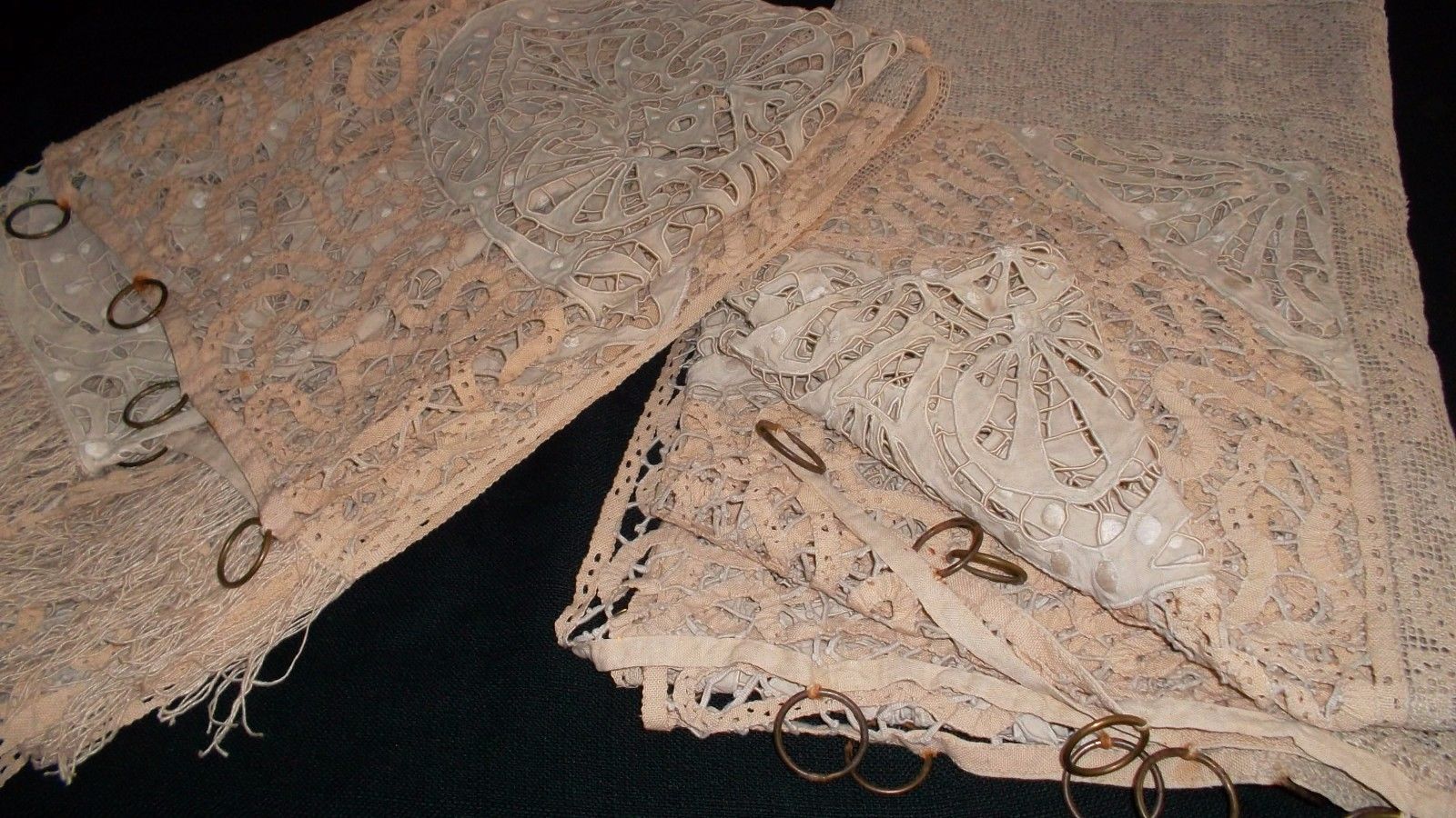 Pair French antique hand embroidered lace unused large écru linen curtains c1900