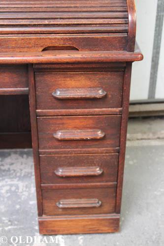 Antique Edwardian Solid Oak Roll Top Knee Hole Desk - Angus of London