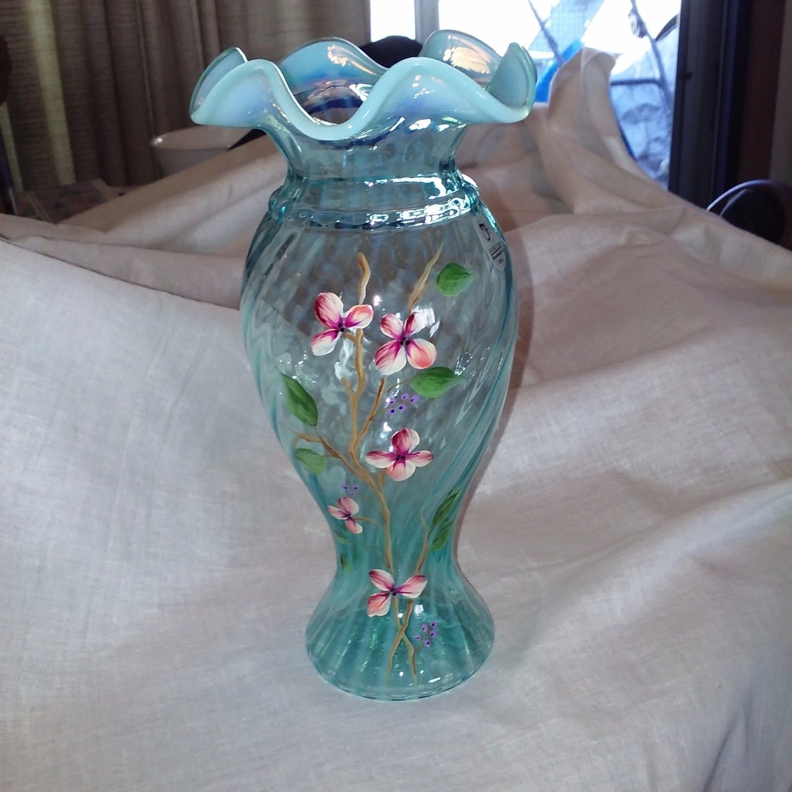 FENTON ART GLASS BLUE OPALESCENT SPIRAL OPTIC HAND PAINTED RUFFLED TOP VASE